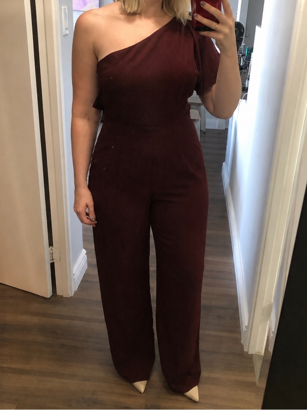 BB Dakota One-Shoulder Wine Jumpsuit